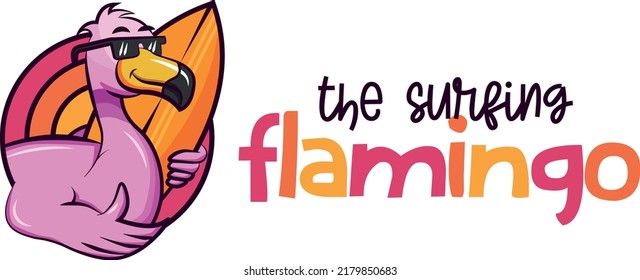 Surfing Logo Vector Designs. Vector Logo Illustration with flamingo Surfer. modern Surfing Emblem for web design or print. Surfer logo templates. Surf Badge. Surfboard elements. Flamingo.