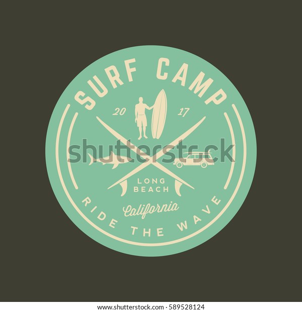 surfing logo. vintage outdoor activity\
emblem. vector\
illustration