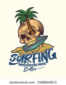 Surfing makes everything better summer beach skull t-shirt design