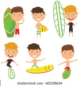 Surfing male characters vector set. Handsome boys with surface board. Summer beach man activities. Cute young surfers isolated on white background. 