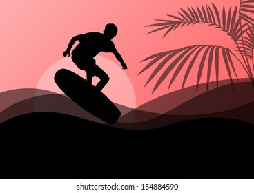 Surfing man active sport silhouette in ocean water background illustration vector 