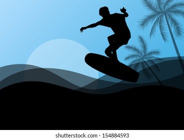 Surfing man active sport silhouette in ocean water background illustration vector 