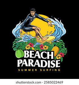 Surfing Man Beach Paradise Mascot Cartoon Character Illustration