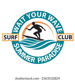 surfing man emblem with sea wave isolated on white background