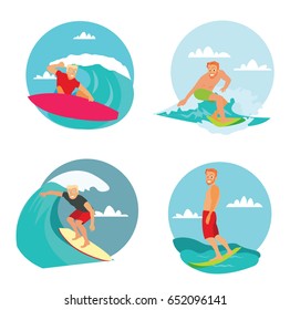 Surfing man flat cartoon vector illustration