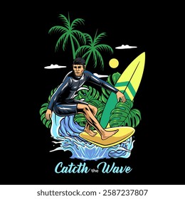 Surfing Man in Hawaii Island Mascot Cartoon Character Illustration for sticker, badge, patch, banner, greeting card, invitation