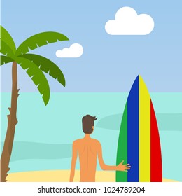 Surfing. A man is holding a surfboard against the background of the ocean. Flat design, vector illustration, vector.