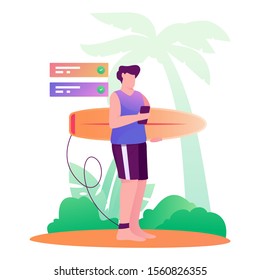 surfing man on beach send work illustration