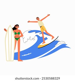 Surfing man on wave and beach woman with surfboard in flat vector illustration symbolizing adventure, sport, and beach fun, isolated on white background.