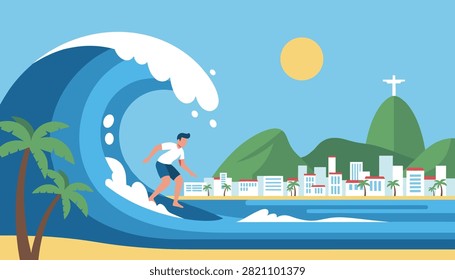 Surfing man on a wave with the Christ the Redeemer statue in the background.