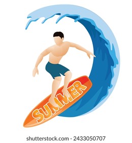 Surfing man riding ocean wave on board, summer surfing activity, sports recreation, sea leisure hobby. Graphic vector