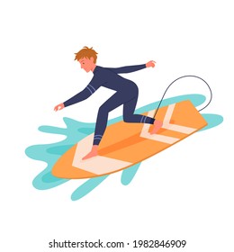 Surfing man in wetsuit on surf board, active happy young surfer guy catching ocean wave