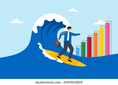 Surfing market trends, adaptation to economic shifts, strategic agility, data-driven decision-making concept vector illustration. Business analyst riding wave of financial charts