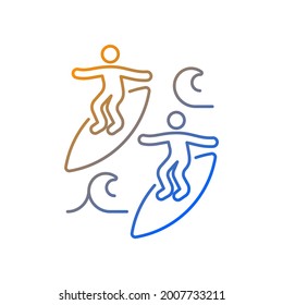 Surfing with mate gradient linear vector icon. Catching waves with surf coach, experienced friend. Joining surf club. Thin line color symbols. Modern style pictogram. Vector isolated outline drawing