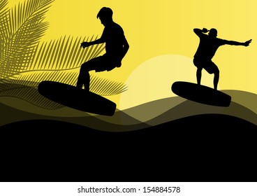 Surfing men active sport silhouettes in ocean water background illustration vector 