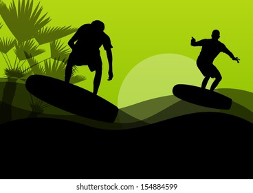 Surfing men active sport silhouettes in ocean water background illustration vector 