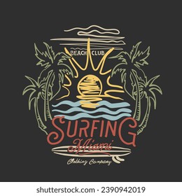 Surfing Miami Beach art vector T-shirt graphic, Long beach, summer vibes hand draw, summer beach slogan with beach illustration, Hawaii, Aloha surf typography for t-shirt print , vector print,