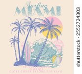 Surfing Miami. palm tree. big waves. sunset vibes. St. Petersburg, Florida. beach graphic. girls vector graphics. hand drawn artwork. holiday recreation. nature graphic. summer t shirt design