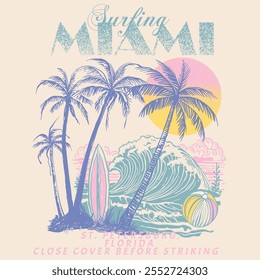 Surfen in Miami. Palme. große Wellen. Sonnenuntergang. St. Petersburg, Florida. Strandgrafik. Mädchen Vektorgrafiken. handgezeichnetes Kunstwerk. Ferienerholung. Naturgrafik. Sommer T-Shirt Design