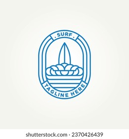 Surfing minimalist line art badge logo plantilla de diseño de ilustración vectorial. surfista moderno simple, deportes acuáticos, concepto del logotipo del emblema de la tabla de surf