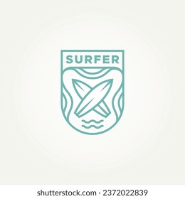 Surfing minimalist line art badge logo plantilla de diseño de ilustración vectorial. surfista moderno simple, deportes acuáticos, concepto del logotipo del emblema de la tabla de surf