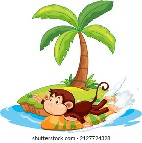 Surfing monkey cartoon character on isolated island illustration