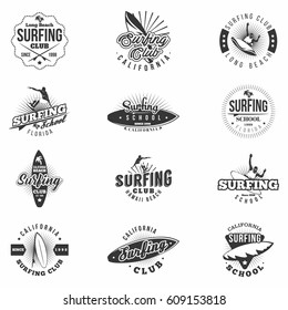 Surfing Monochrome Badges . Set of emblems and design elements for surf club. Isolated.  Vector 