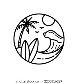 surfing monoline logo design on tropical island