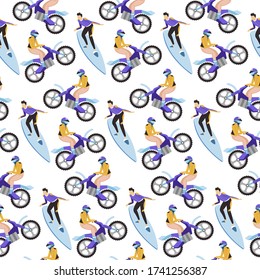 El surf y la motocicleta son un patrón sin fisuras. Motocross y deportes acuáticos y pasatiempos y actividades extremos de los hombres. Moto de carreras y rápido movimiento, ocio y relajación. Vector de estilo plano