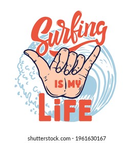 Surfing is my life. Human hand with shaka sign . Design element for logo, label, sign, emblem, poster. Vector illustration