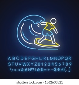 Surfing neon light icon. Watersport, extreme kind of sport. Catching ocean wave, surfer balancing on board. Glowing sign with alphabet, numbers and symbols. Vector isolated illustration