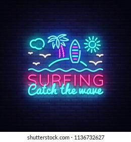 Surfing neon sign design template. Surfing Catch the wave slogan neon emblem, light banner. Summer concepts design. Smartphone in hand. Vector illustration