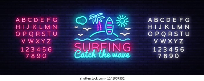 Surfing neon sign design template. Surfing Catch the wave slogan neon emblem, light banner. Summer concepts design. Smartphone in hand. Vector illustration. Editing text neon sign