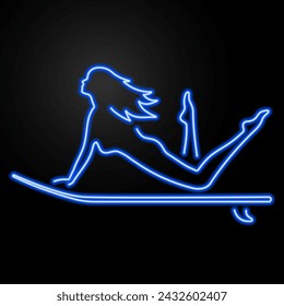 surfing neon sign, modern glowing banner design, colorful modern design trend on black background. Vector illustration.