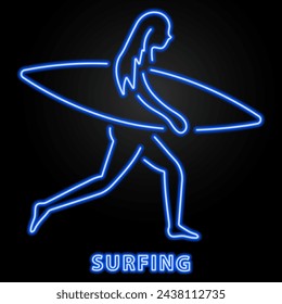 surfing neon sign, modern glowing banner design, colorful modern design trend on black background. Vector illustration.