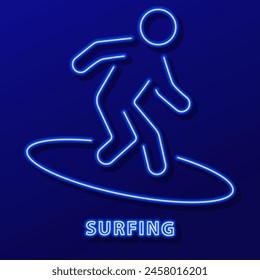 surfing neon sign, modern glowing banner design, colorful modern design trend on black background. Vector illustration.