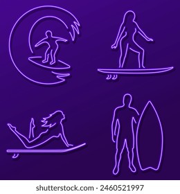 surfing neon sign, modern glowing banner design, colorful modern design trend. Vector illustration.