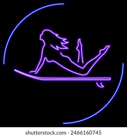 surfing neon sign, modern glowing banner design, colorful modern design trend on black background. Vector illustration.