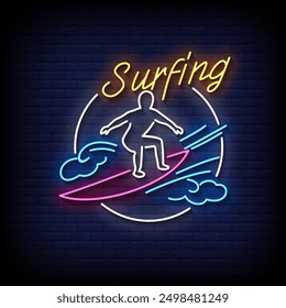 surfing neon sign vector with brick wall background