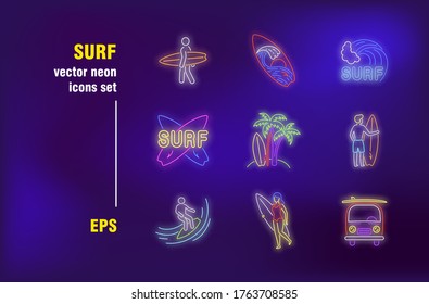 Surfing neon signs set. Surfer with board, beach, palms, ocean waves, vacation. Night bright advertising. Vector illustration in neon style for banners, posters, travel flyers design