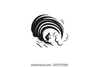 Surfing new logo in retro vintage style and black and white silhouette is cool and suitable for surfing championship and surfers community logo design or surfing sport t-shirt screen printing
