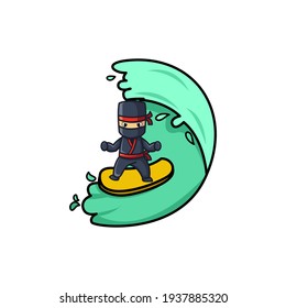 Surfing Ninja Cartoon Character Design Vector Illustration. With Cute, Funny, And Fun Cartoon. 