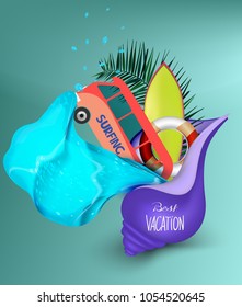 Surfing objects in sea shell. Concept. Vector illustration