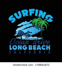 Surfing Ocean Drive Long Beach Calofornia Vector T-shirt Design Template. 