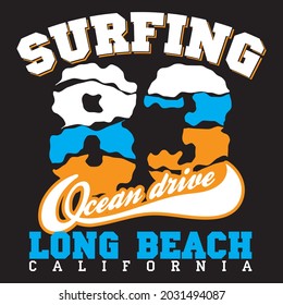 Surfing ocean drive long beach California t-shirt design, you can download vector file.