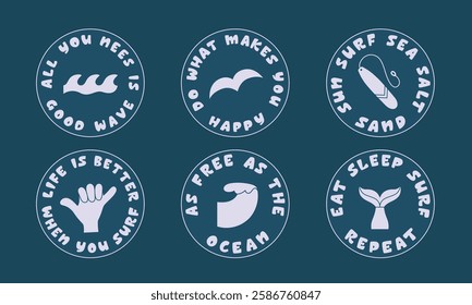 Surfing, ocean quotes, icons in round frame. Simple wave, sigal, surf symbols for camp, resort stickers, merch, t short design