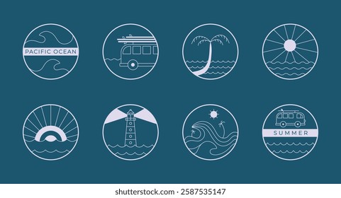 Surfing, ocean simple round icons. Line sea, palm, sun elements for camp, resort stickers, merch, t short design.