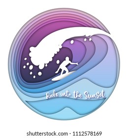 Surfing ocean wave with the surfer silhouette,sunset sky and text ride into the sunset in a circle. Summer vacation concept.  Paper cut out style vector illustration. 