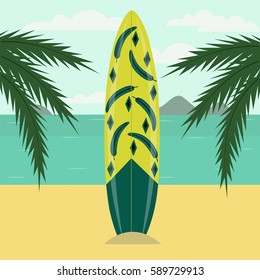 Surfing on the beach and coconut trees.