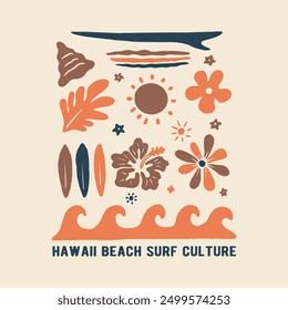 surfing on the beach with flowers, waves, and bright sunshine element design